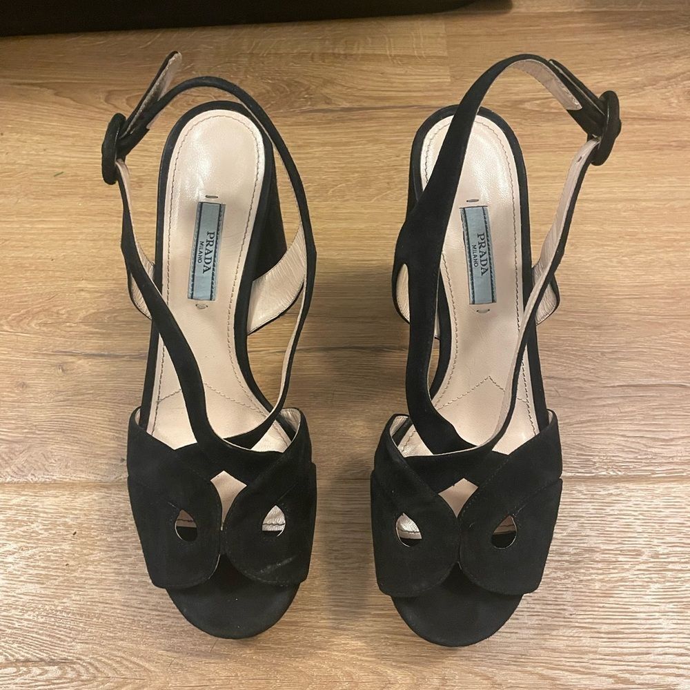 Prada Black Suede Platform Slingback Sandals Block Heels Size 39 - Picture 5 of 12